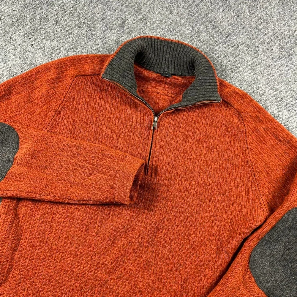 Banana Republic Sweater Mens XL Orange Lambswool Cashmere 1/4 Zip Elbow Patches‎